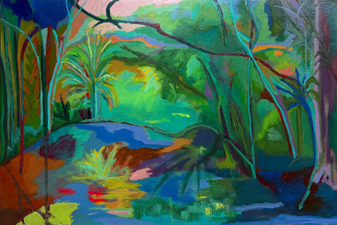Colorful painting of a tropical landscape with trees and water on cradled panel. Thumbnail view. "Grassy Waters" is an original acrylic landscape painting by Terry Pesso, inspired by the lush color and reflective calm of Florida wetlands. Layered greens, blues, and subtle bursts of light create a sense of movement and depth, blending abstraction with a strong sense of place. This one-of-a-kind artwork is painted on a cradled wood panel and works beautifully as wall art decor. 