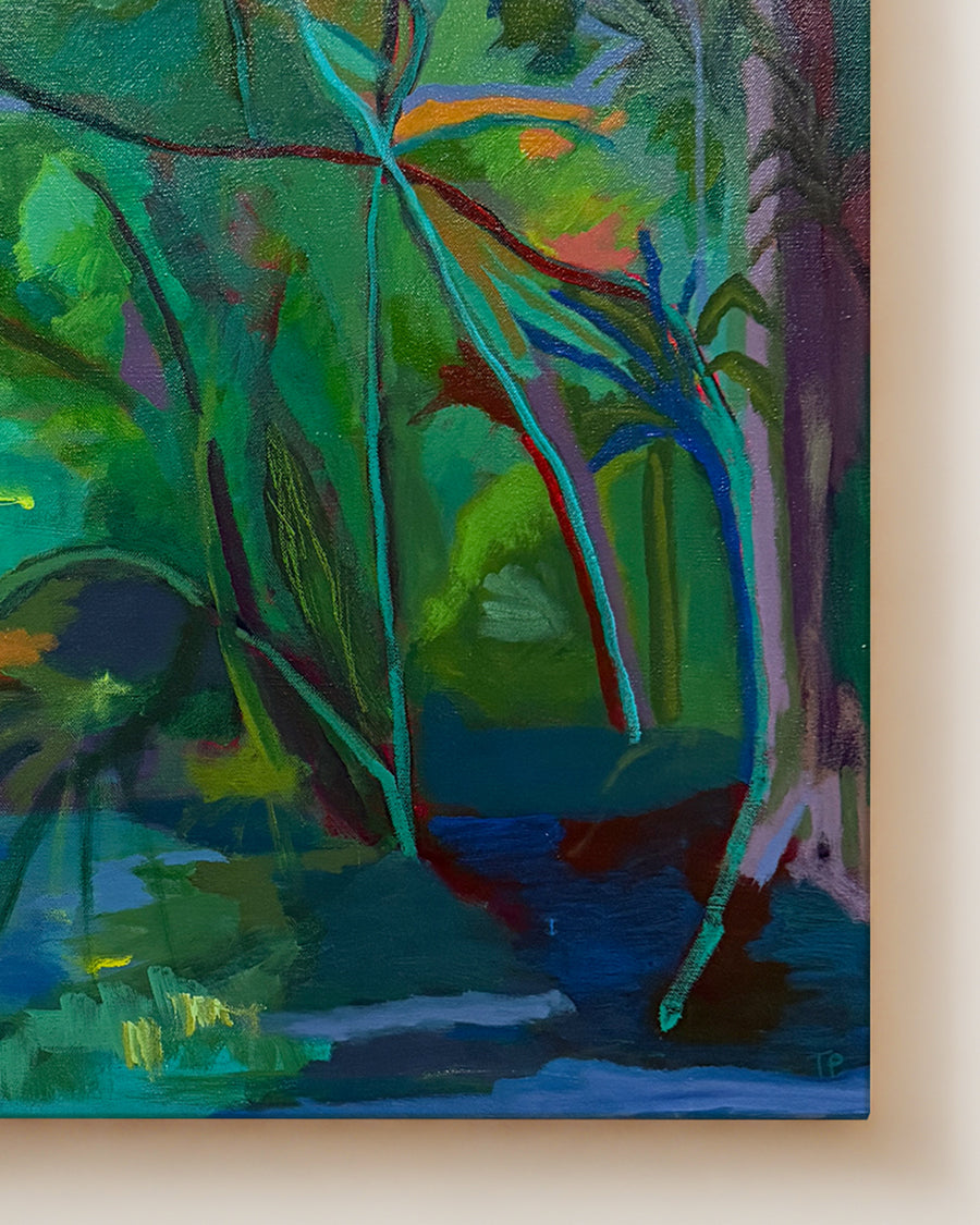 Colorful abstract painting with vibrant greens, blues, and reds on a beige background. Detail close-up shot. "Grassy Waters" is an original acrylic landscape painting by Terry Pesso, inspired by the lush color and reflective calm of Florida wetlands. Layered greens, blues, and subtle bursts of light create a sense of movement and depth, blending abstraction with a strong sense of place. This one-of-a-kind artwork is painted on a cradled wood panel and works beautifully as wall art decor. 