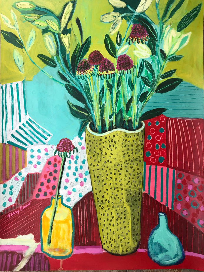Colorful painting of a vase with flowers on a patterned surface. Original painting by Terry Pesso created as collectible artwork for wall art decor. This contemporary mixed media piece is suitable for framed art and framed wall art in modern homes.