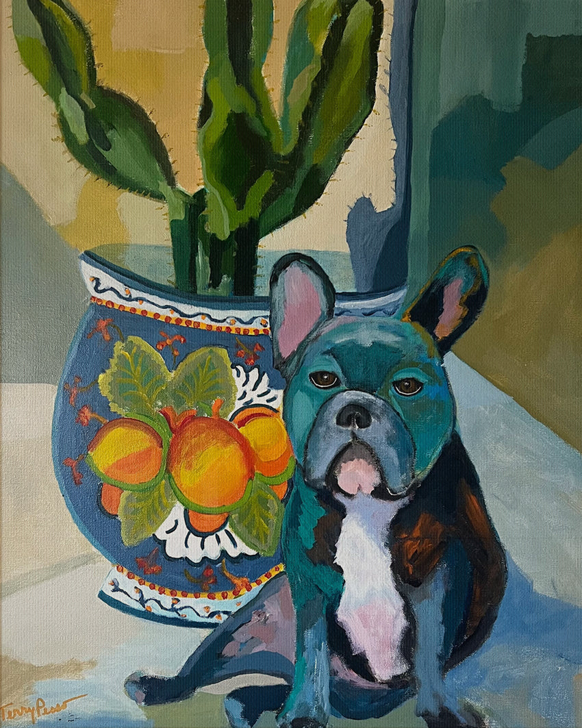 Painting of a dog next to a decorative vase with fruit design. Thumbnail view. "Bear" is an original acrylic painting that captures the charm and character of a French Bulldog in bold, modern color. Deep teal, ochre, and coral tones bring the dog to life against a patterned ceramic pot and warm light. Each brushstroke adds energy and depth, blending realism with expressive style. This contemporary dog artwork makes a statement piece for any art lover or modern home.