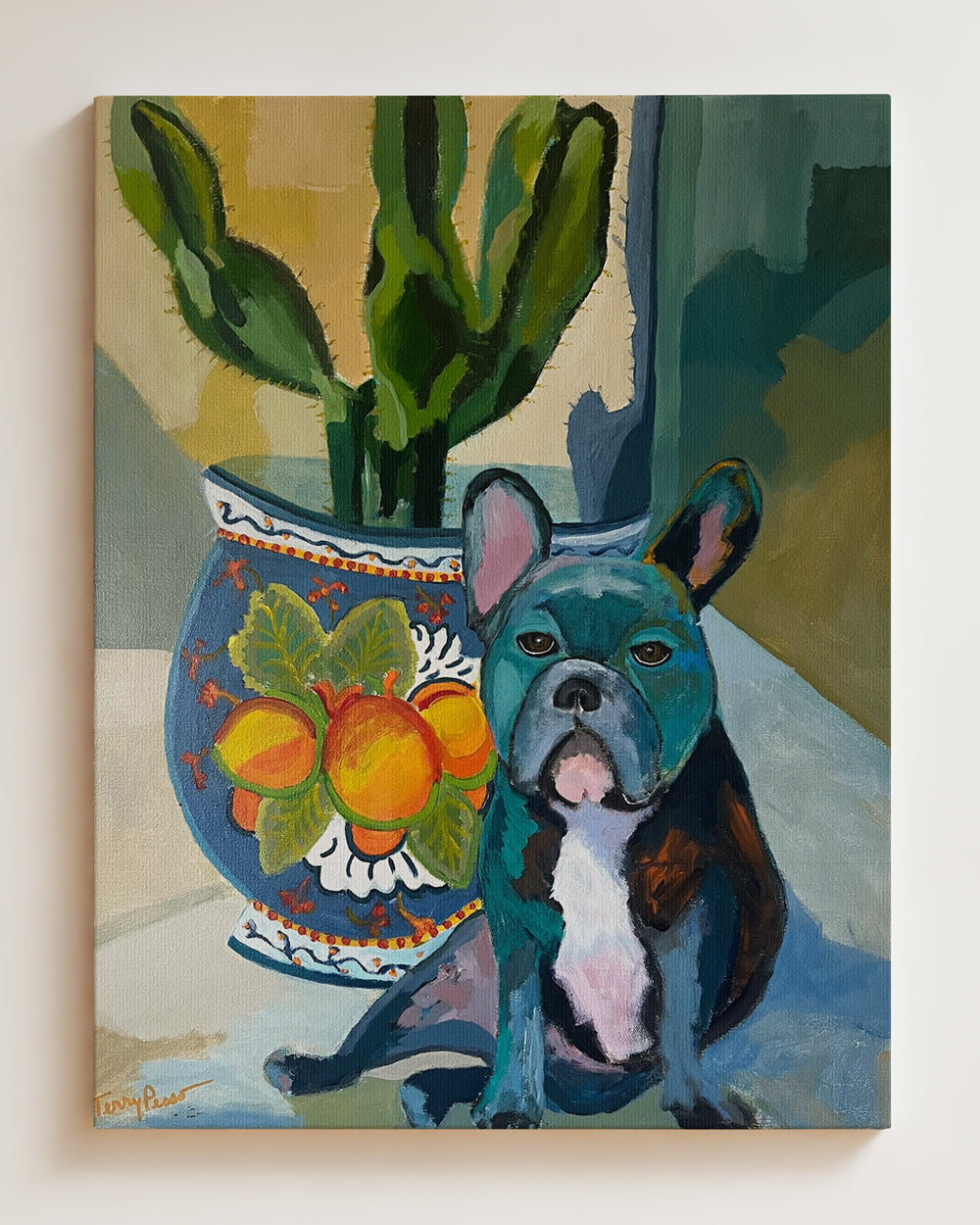 Painting of a dog standing next to a decorative vase with plants. Full view, hanging on wall. "Bear" is an original acrylic painting that captures the charm and character of a French Bulldog in bold, modern color. Deep teal, ochre, and coral tones bring the dog to life against a patterned ceramic pot and warm light. Each brushstroke adds energy and depth, blending realism with expressive style. This contemporary dog artwork makes a statement piece for any art lover or modern home.