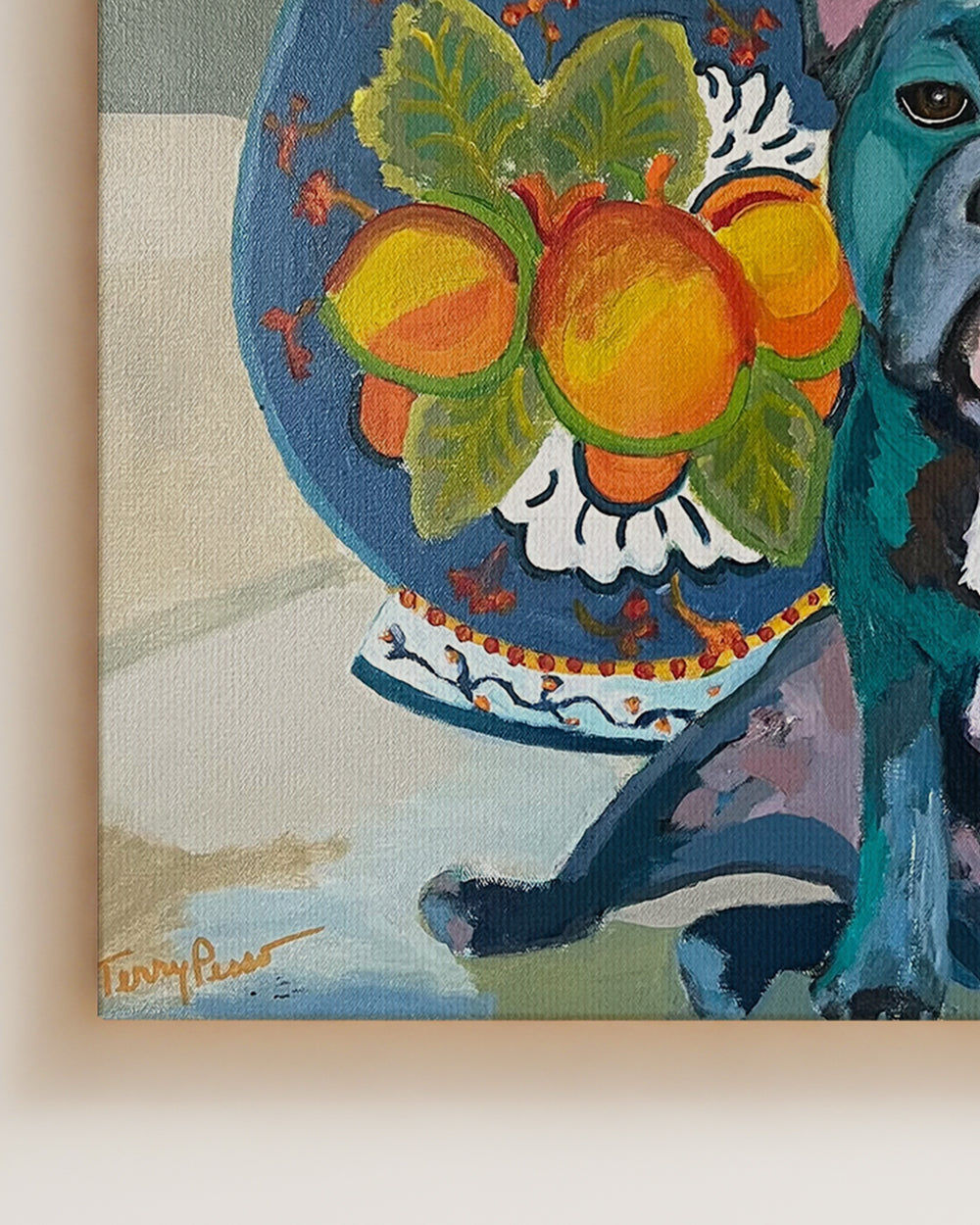 Painting of a dog with a decorative plate featuring pomegranates detail close-up shot. "Bear" is an original acrylic painting that captures the charm and character of a French Bulldog in bold, modern color. Deep teal, ochre, and coral tones bring the dog to life against a patterned ceramic pot and warm light. Each brushstroke adds energy and depth, blending realism with expressive style. This contemporary dog artwork makes a statement piece for any art lover or modern home.