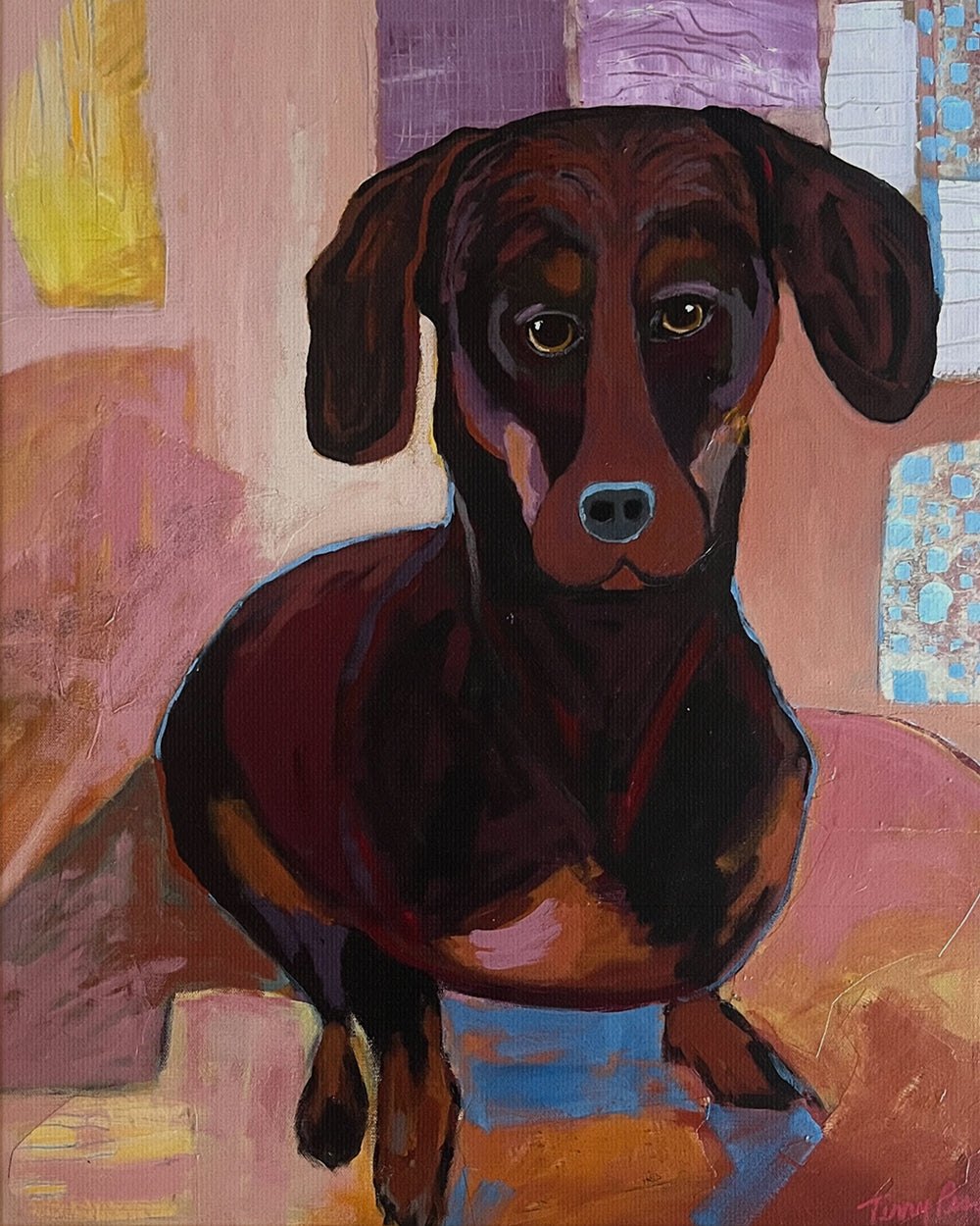 Painting of a dachshund with a colorful abstract background. "Bella" is an original mixed media painting that captures the warmth and personality of a Dachshund in expressive, painterly detail. Layers of rose, amber, and deep brown create depth and character, while soft highlights bring the dogÕs soulful eyes to life. The mix of color and texture adds a contemporary edge to a classic portrait, making this a standout piece for dog lovers and modern art collectors alike.