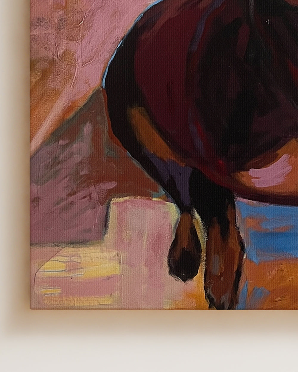 Abstract painting of a horse with warm colors on a textured surface. "Bella" is an original mixed media painting that captures the warmth and personality of a Dachshund in expressive, painterly detail. Layers of rose, amber, and deep brown create depth and character, while soft highlights bring the dogÕs soulful eyes to life. The mix of color and texture adds a contemporary edge to a classic portrait, making this a standout piece for dog lovers and modern art collectors alike.