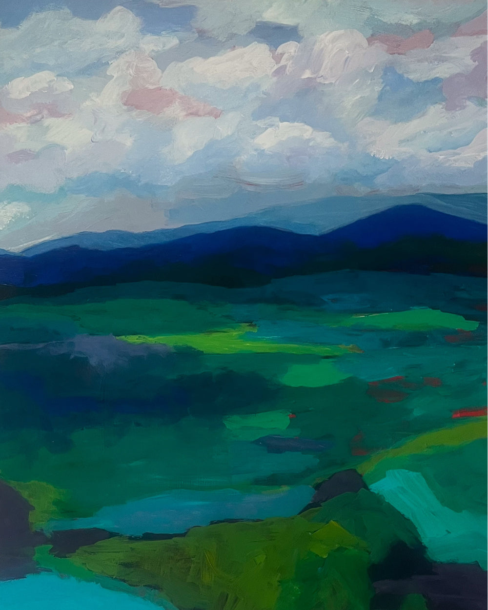 Colorful landscape painting with mountains and clouds on cradled wood panel. Shop original landscape artwork and contemporary painting by Terry Pesso that blends abstraction, memory, and natural rhythm. These expressive works use layered color and motion to create dramatic wall art decor and are ideal for framed art and framed wall art presentation.