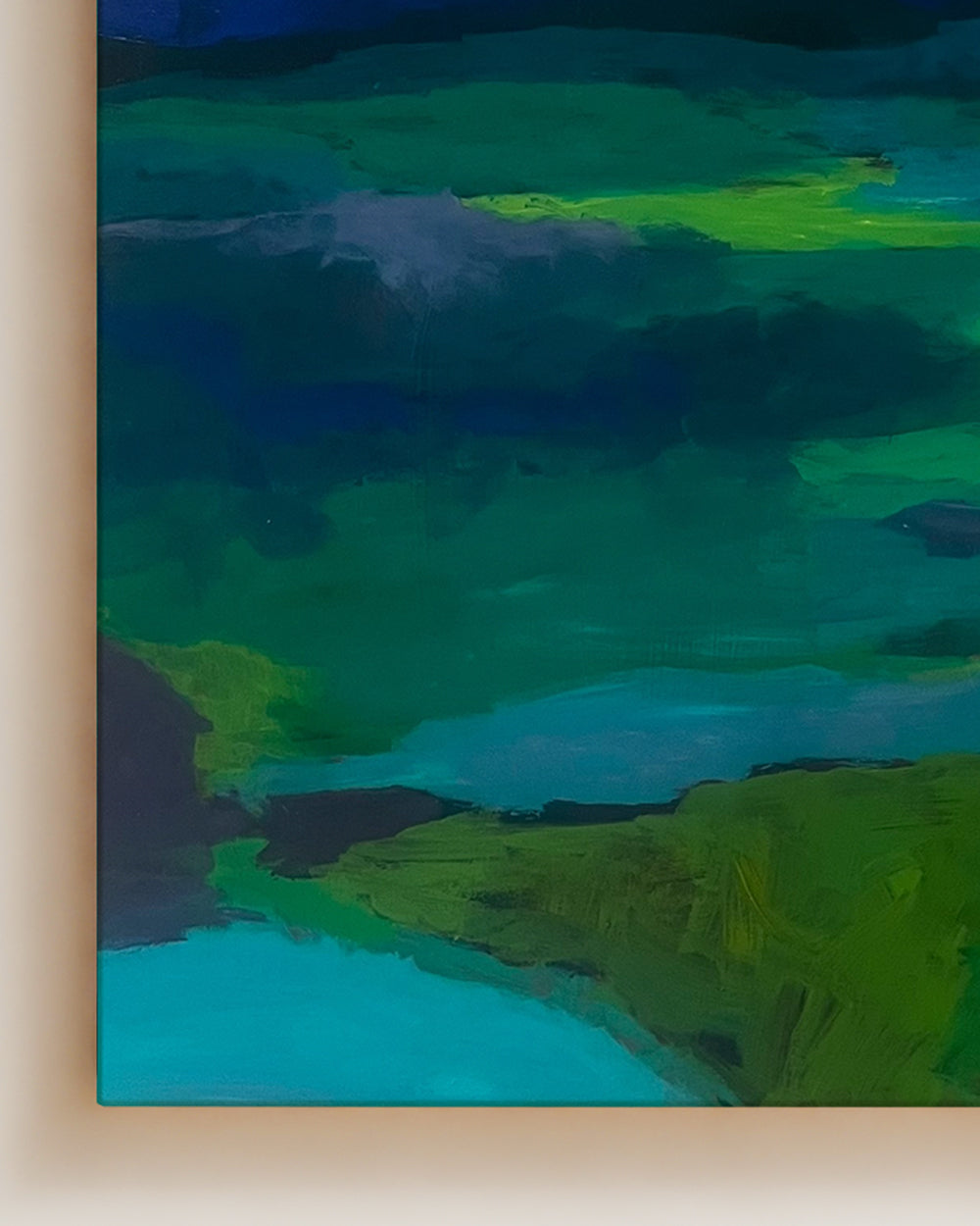 Abstract painting with green and blue colors on a beige background on cradled wooden panel. Detail close up view. Shop original landscape artwork and contemporary painting by Terry Pesso that blends abstraction, memory, and natural rhythm. These expressive works use layered color and motion to create dramatic wall art decor and are ideal for framed art and framed wall art presentation.