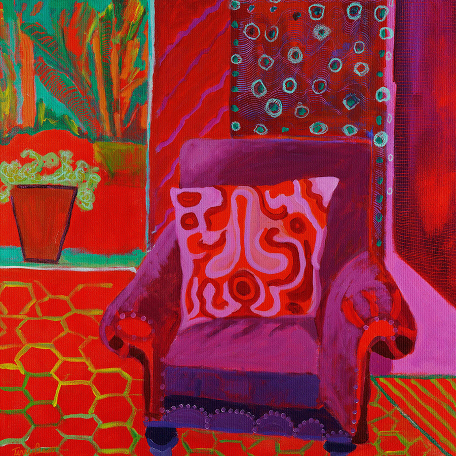 Colorful abstract painting of a chair with vibrant patterns and colors on canvas. Thumbnail. Original interior and garden artwork and contemporary painting by Terry Pesso inspired by everyday spaces, patios, and outdoor living. These expressive works transform familiar scenes into modern wall art decor and are suitable for framed art and framed wall art.