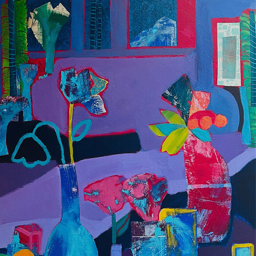 Abstract artwork with colorful flowers and geometric shapes on a purple background on canvas. Thumbnail view. Original interior and garden artwork and contemporary painting by Terry Pesso inspired by everyday spaces, patios, and outdoor living. These expressive works transform familiar scenes into modern wall art decor and are suitable for framed art and framed wall art.