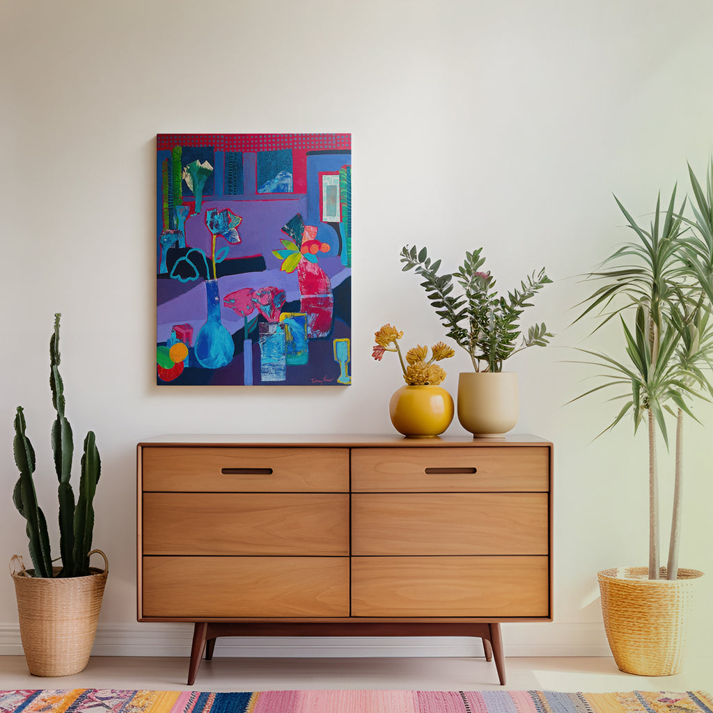 Wooden dresser with decorative items and a colorful canvas painting on a white wall. Lifestyle mockup view. Original interior and garden artwork and contemporary painting by Terry Pesso inspired by everyday spaces, patios, and outdoor living. These expressive works transform familiar scenes into modern wall art decor and are suitable for framed art and framed wall art.