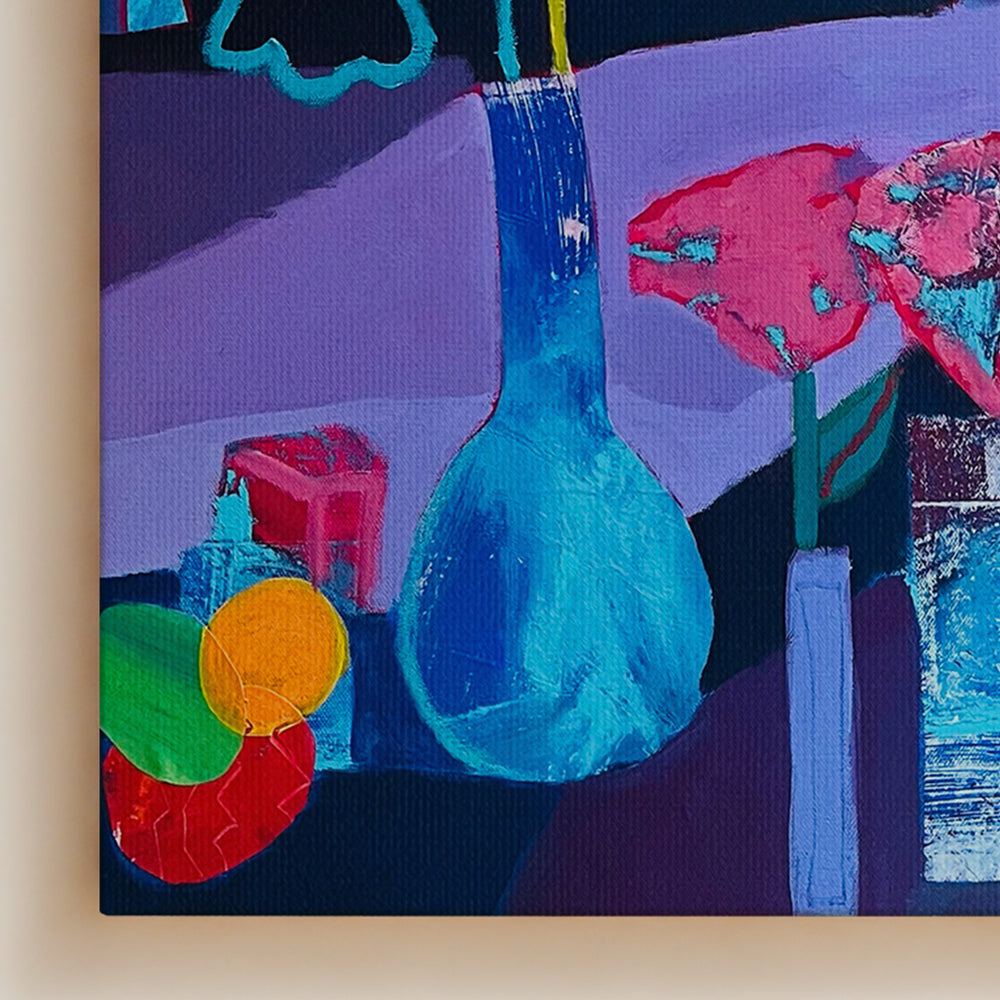 Colorful abstract painting with a blue vase and pink flowers on canvas. Detail close up shot. Original interior and garden artwork and contemporary painting by Terry Pesso inspired by everyday spaces, patios, and outdoor living. These expressive works transform familiar scenes into modern wall art decor and are suitable for framed art and framed wall art.