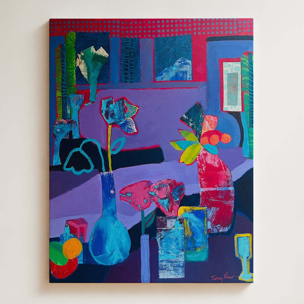 Colorful abstract painting with vases and geometric shapes on canvas. Full view hanging on wall. Original interior and garden artwork and contemporary painting by Terry Pesso inspired by everyday spaces, patios, and outdoor living. These expressive works transform familiar scenes into modern wall art decor and are suitable for framed art and framed wall art.