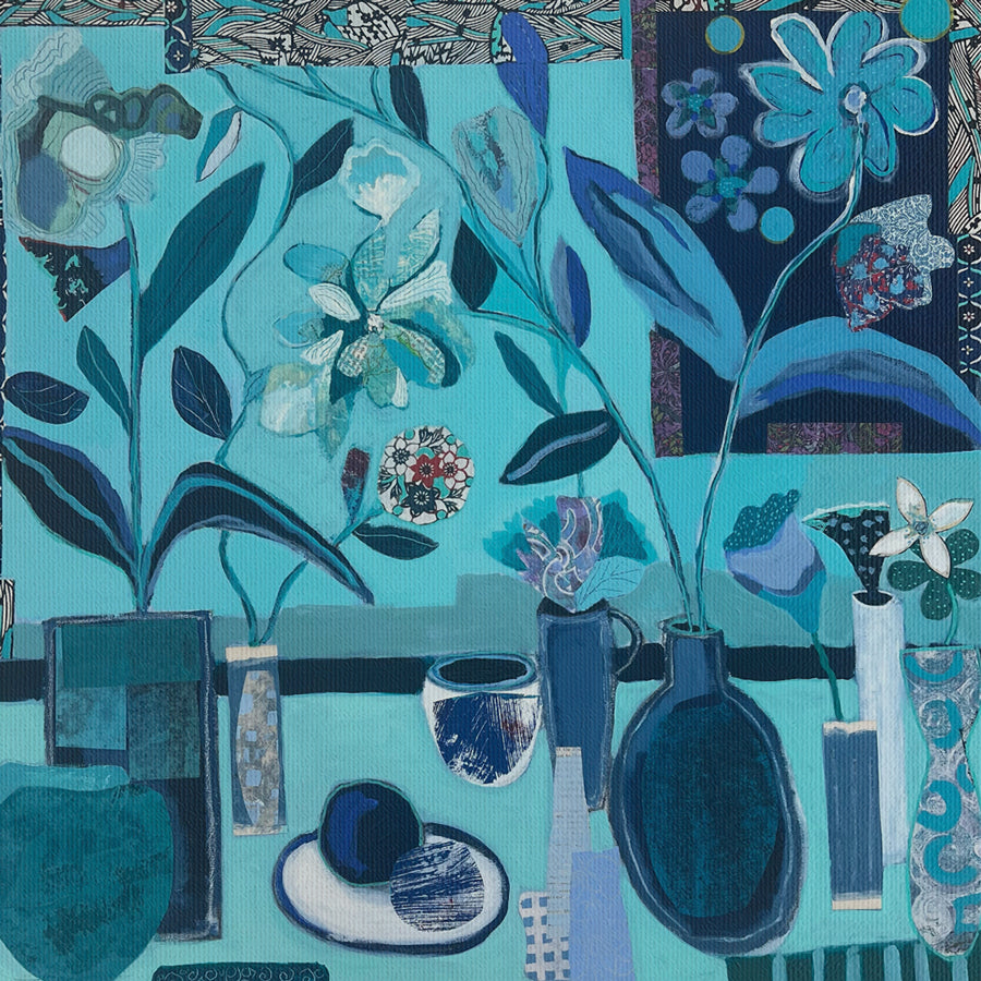 Decorative fabric with blue floral and abstract patterns on a teal background on canvas. An original still life artwork and contemporary painting by Terry Pesso inspired by everyday objects, vessels, and quiet moments. These expressive works elevate ordinary subjects into refined wall art decor and are suitable for framed art and framed wall art.