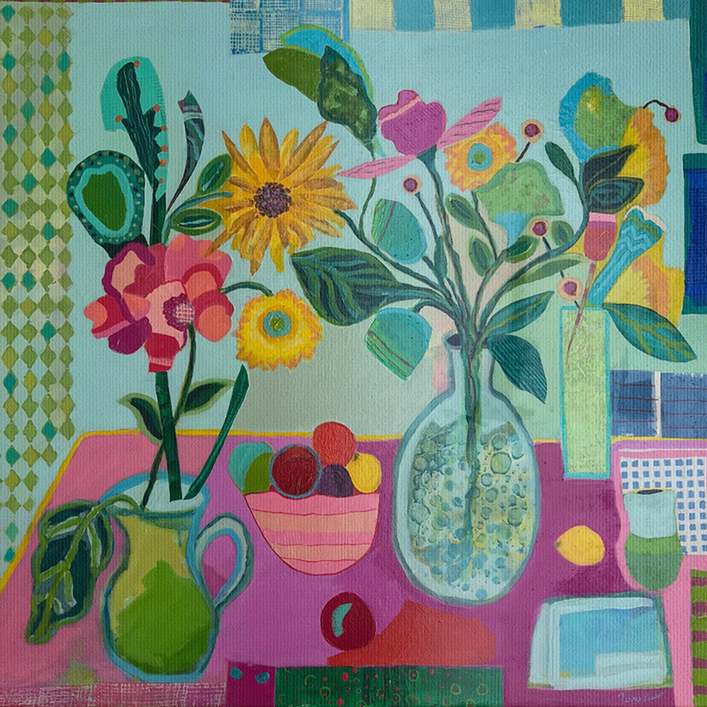 Colorful artwork on canvas of flowers and vases on a patterned background. An original still life artwork and contemporary painting by Terry Pesso inspired by everyday objects, vessels, and quiet moments. These expressive works elevate ordinary subjects into refined wall art decor and are suitable for framed art and framed wall art.