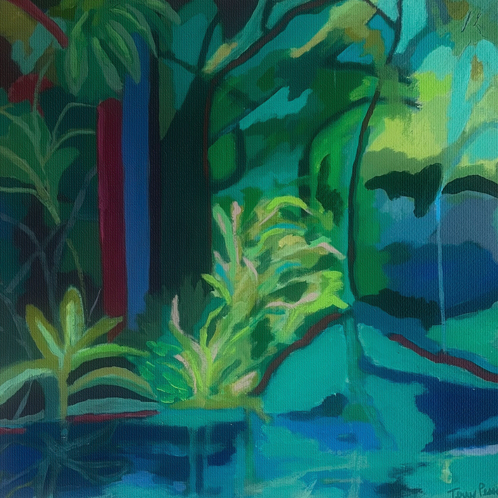 Colorful painting of a tropical forest scene with dense foliage and vibrant greens on canvas. Shop original landscape artwork and contemporary painting by Terry Pesso that blends abstraction, memory, and natural rhythm. These expressive works use layered color and motion to create dramatic wall art decor and are ideal for framed art and framed wall art presentation.