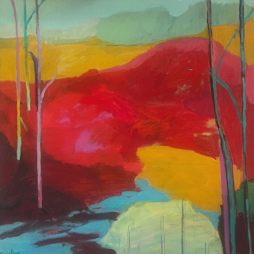 Thumbnail abstract painting with vibrant red, yellow, and blue colors on canvas. Shop original landscape artwork and contemporary painting by Terry Pesso that blends abstraction, memory, and natural rhythm. These expressive works use layered color and motion to create dramatic wall art decor and are ideal for framed art and framed wall art presentation.