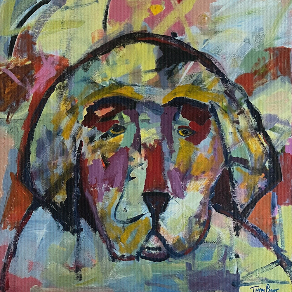 Abstract painting of a bear's face with vibrant colors. Thumbnail view. "I'm With You" is an original acrylic painting that captures the soulful presence of a dog through bold color and expressive brushwork. Layers of gold, violet, and coral blend together in a composition that feels both modern and deeply emotional. This original artwork celebrates the quiet bond, warmth, and companionship that dogs bring into our lives.