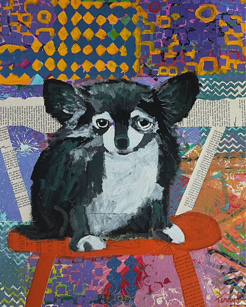 Colorful artwork of a dog sitting on a stool with a patterned background. Thumbnail view. "Devoted" is an original mixed media painting that captures the soulful presence of a dog against a richly textured, patterned background. Layers of color, collage, and brushwork combine to create depth and emotion, blending realism with abstract design. The expressive eyes and thoughtful pose bring warmth and personality to the piece, making it a perfect addition for dog lovers and collectors of contemporary art.