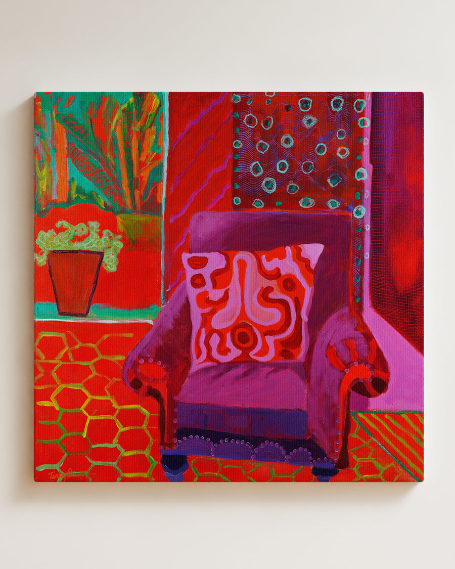 Colorful abstract painting of a room with a chair and pillow on canvas. Full view, hanging on wall. Original interior and garden artwork and contemporary painting by Terry Pesso inspired by everyday spaces, patios, and outdoor living. These expressive works transform familiar scenes into modern wall art decor and are suitable for framed art and framed wall art.