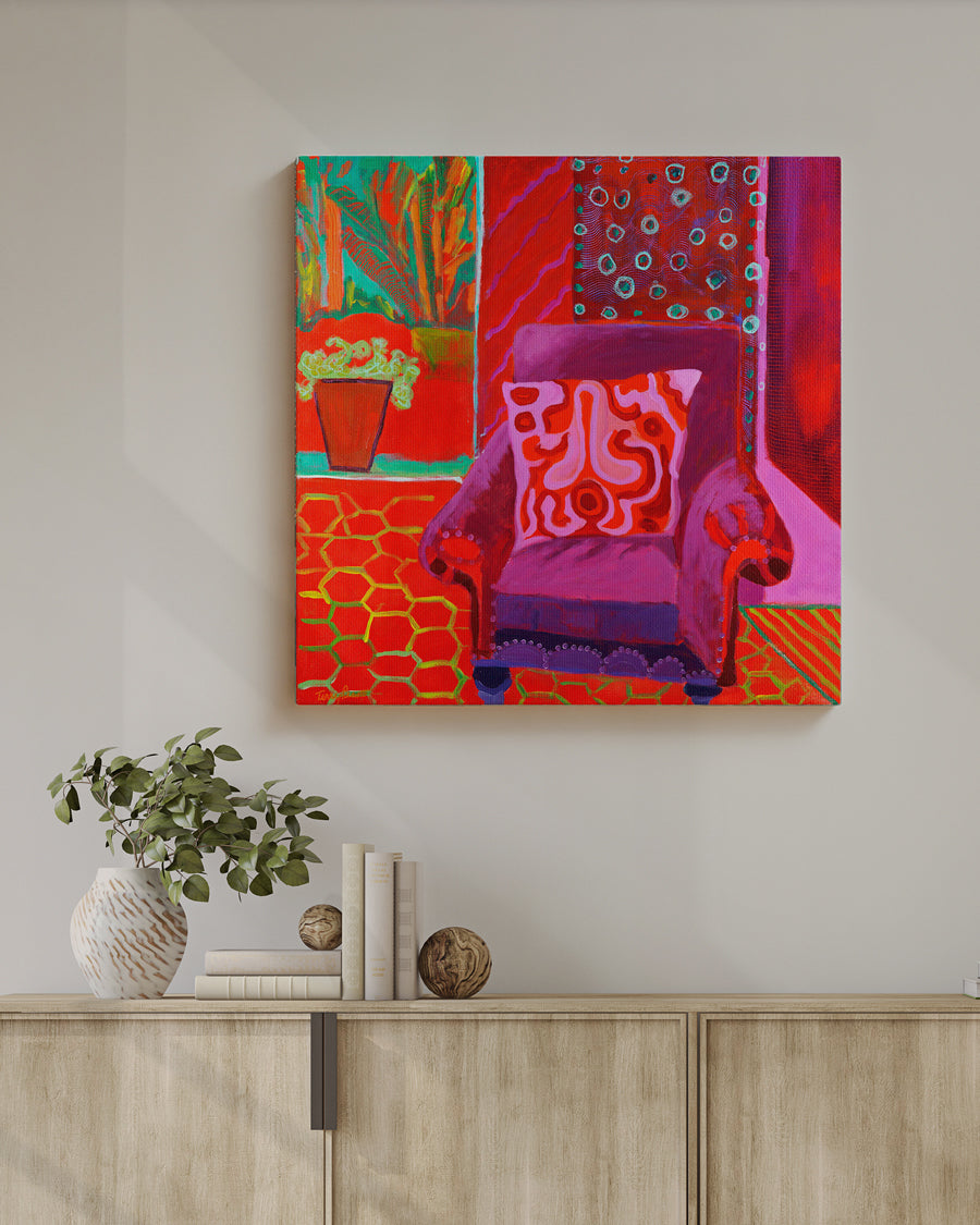Colorful abstract painting on a wall above a wooden shelf with decor items. Lifestyle mockup shot. Original interior and garden artwork and contemporary painting by Terry Pesso inspired by everyday spaces, patios, and outdoor living. These expressive works transform familiar scenes into modern wall art decor and are suitable for framed art and framed wall art.