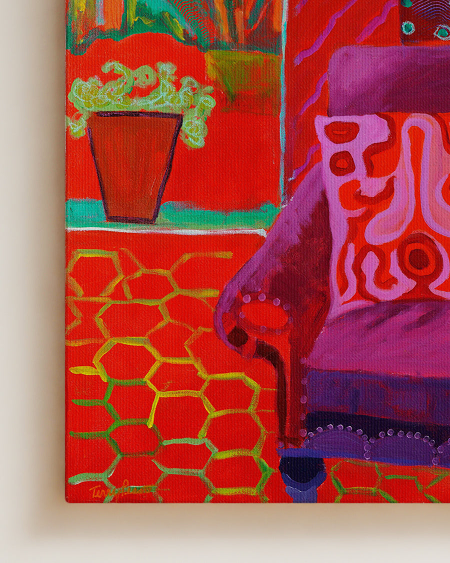 Colorful abstract painting of a red chair and patterned floor on canvas. Detail close up view. Original interior and garden artwork and contemporary painting by Terry Pesso inspired by everyday spaces, patios, and outdoor living. These expressive works transform familiar scenes into modern wall art decor and are suitable for framed art and framed wall art.