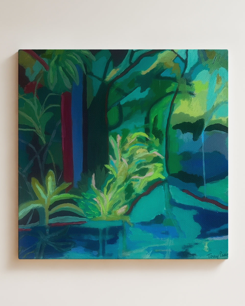 Colorful abstract painting of a forest scene on a white wall on canvas. Full view. Shop original landscape artwork and contemporary painting by Terry Pesso that blends abstraction, memory, and natural rhythm. These expressive works use layered color and motion to create dramatic wall art decor and are ideal for framed art and framed wall art presentation.