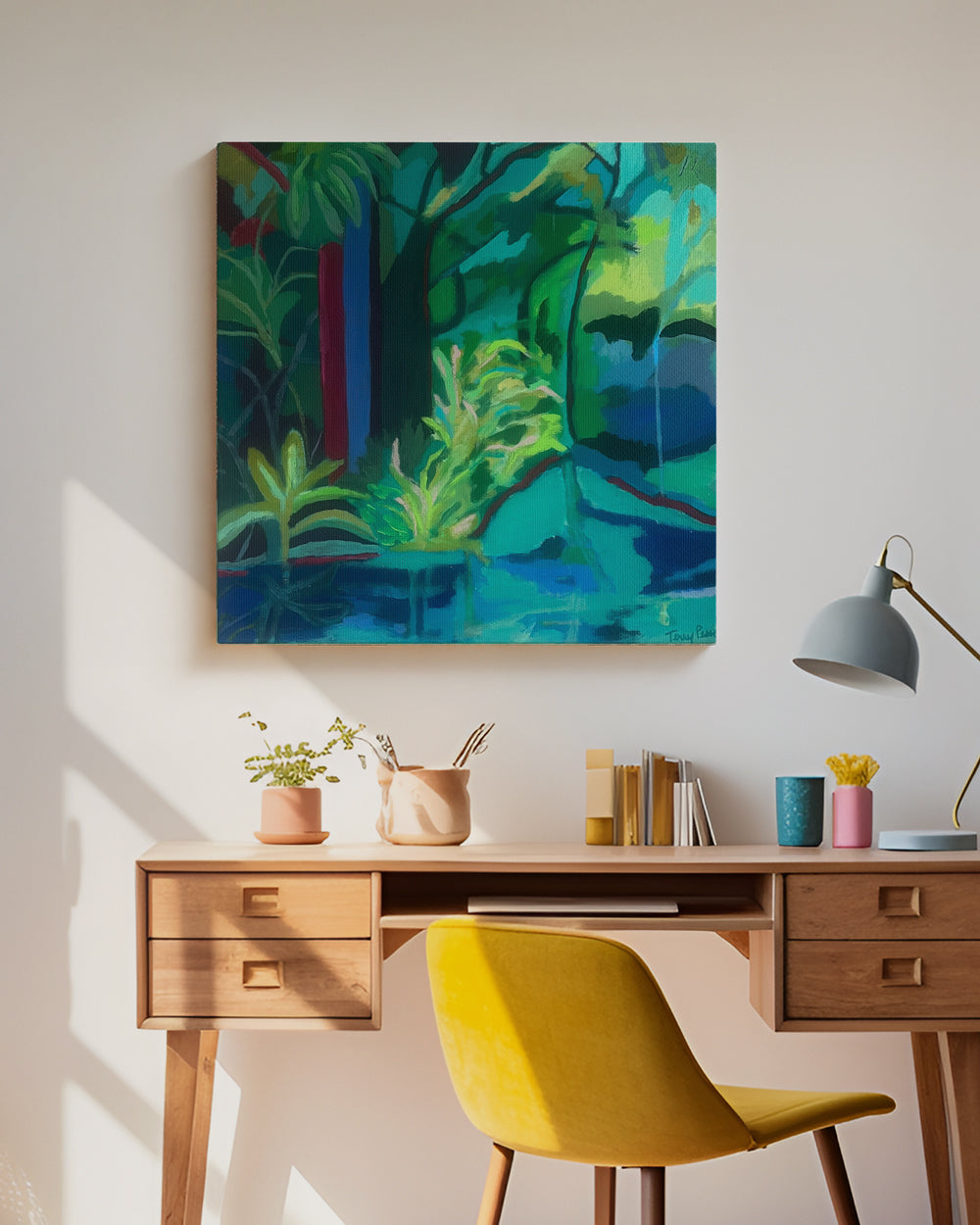 Colorful abstract painting on a wall above a wooden desk with a yellow chair on canvas. Lifestyle mockup view. Shop original landscape artwork and contemporary painting by Terry Pesso that blends abstraction, memory, and natural rhythm. These expressive works use layered color and motion to create dramatic wall art decor and are ideal for framed art and framed wall art presentation.