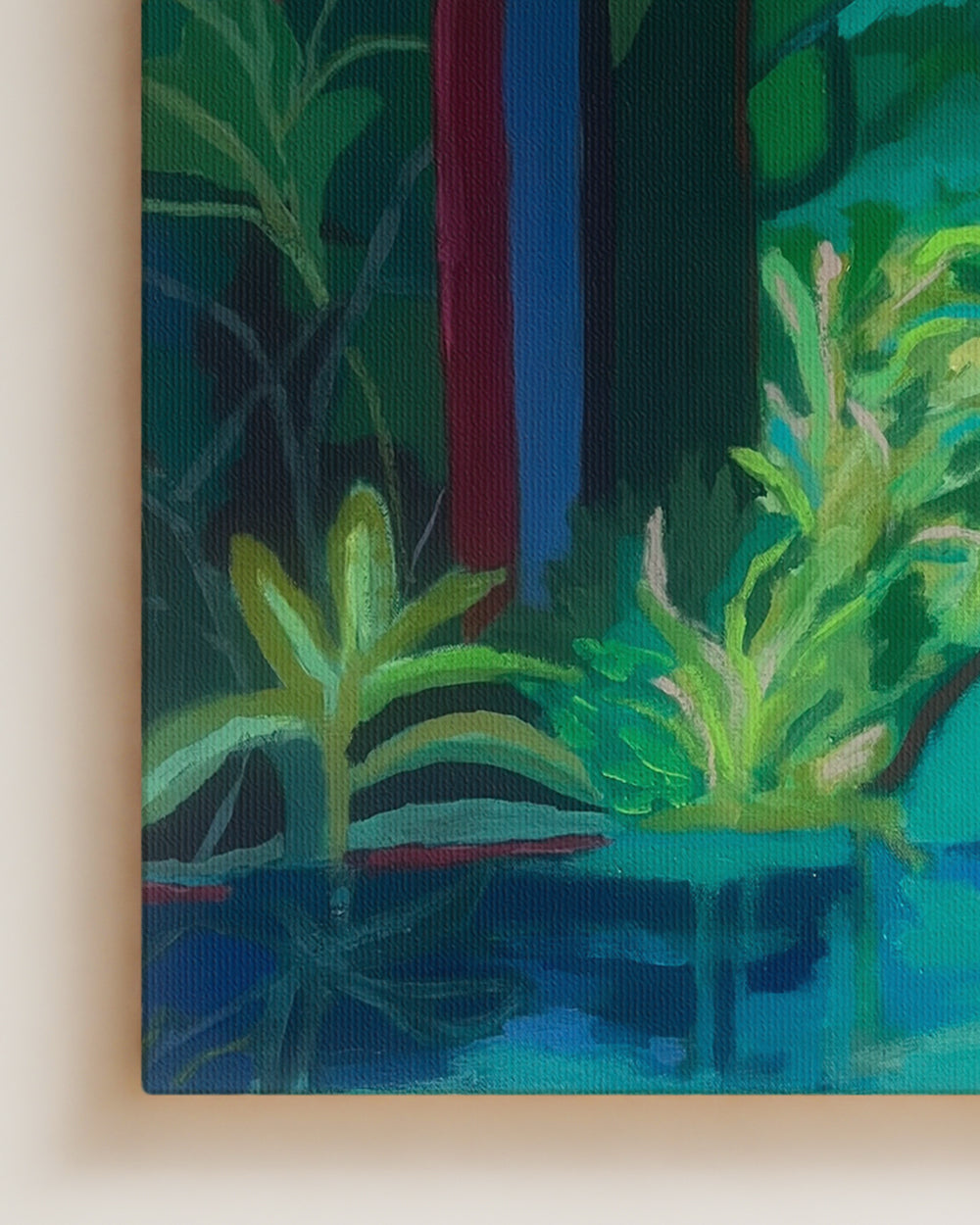 Painting on canvas of a forest scene with green foliage and a blue sky. Detail close up view. Shop original landscape artwork and contemporary painting by Terry Pesso that blends abstraction, memory, and natural rhythm. These expressive works use layered color and motion to create dramatic wall art decor and are ideal for framed art and framed wall art presentation.