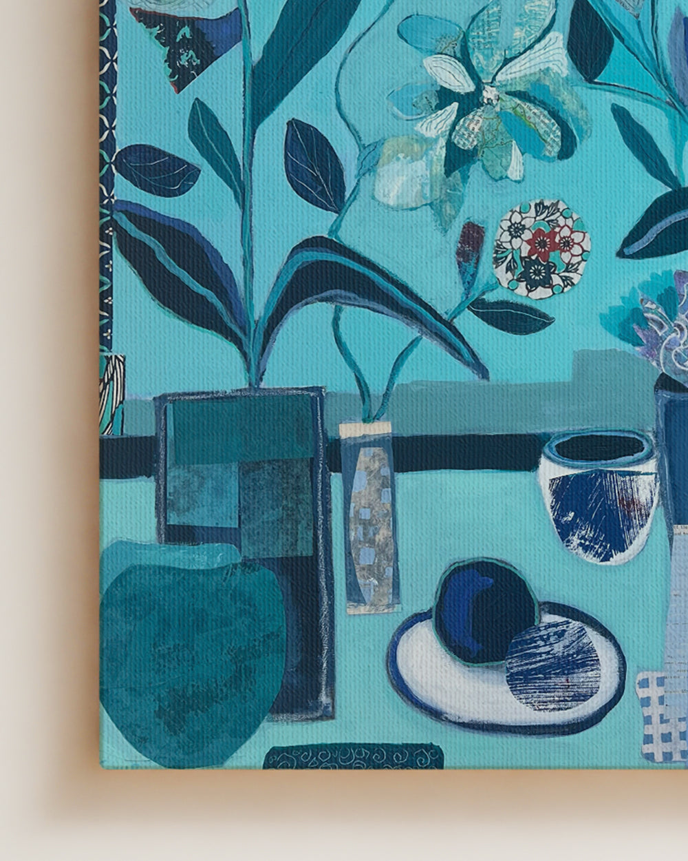 Detail close up shot of decorative fabric with blue floral and abstract patterns on a teal background on canvas. An original still life artwork and contemporary painting by Terry Pesso inspired by everyday objects, vessels, and quiet moments. These expressive works elevate ordinary subjects into refined wall art decor and are suitable for framed art and framed wall art.