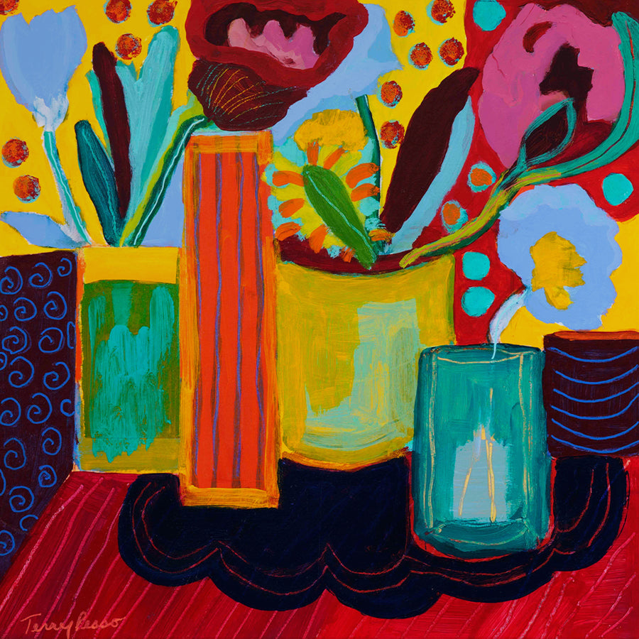 Colorful still life painting with flowers and a glass on a red background. An original still life artwork and contemporary painting by Terry Pesso inspired by everyday objects, vessels, and quiet moments. These expressive works elevate ordinary subjects into refined wall art decor and are suitable for framed art and framed wall art.