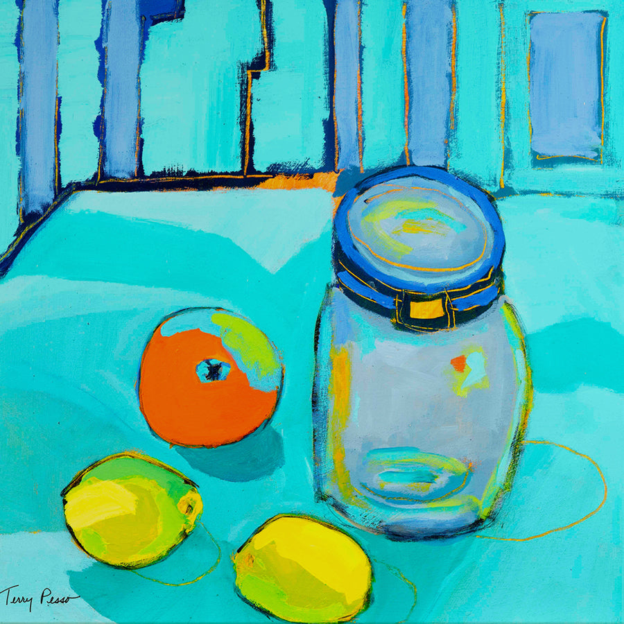 Colorful still life painting with a jar, apples, and lemons on a blue background. An original still life artwork and contemporary painting by Terry Pesso inspired by everyday objects, vessels, and quiet moments. These expressive works elevate ordinary subjects into refined wall art decor and are suitable for framed art and framed wall art.