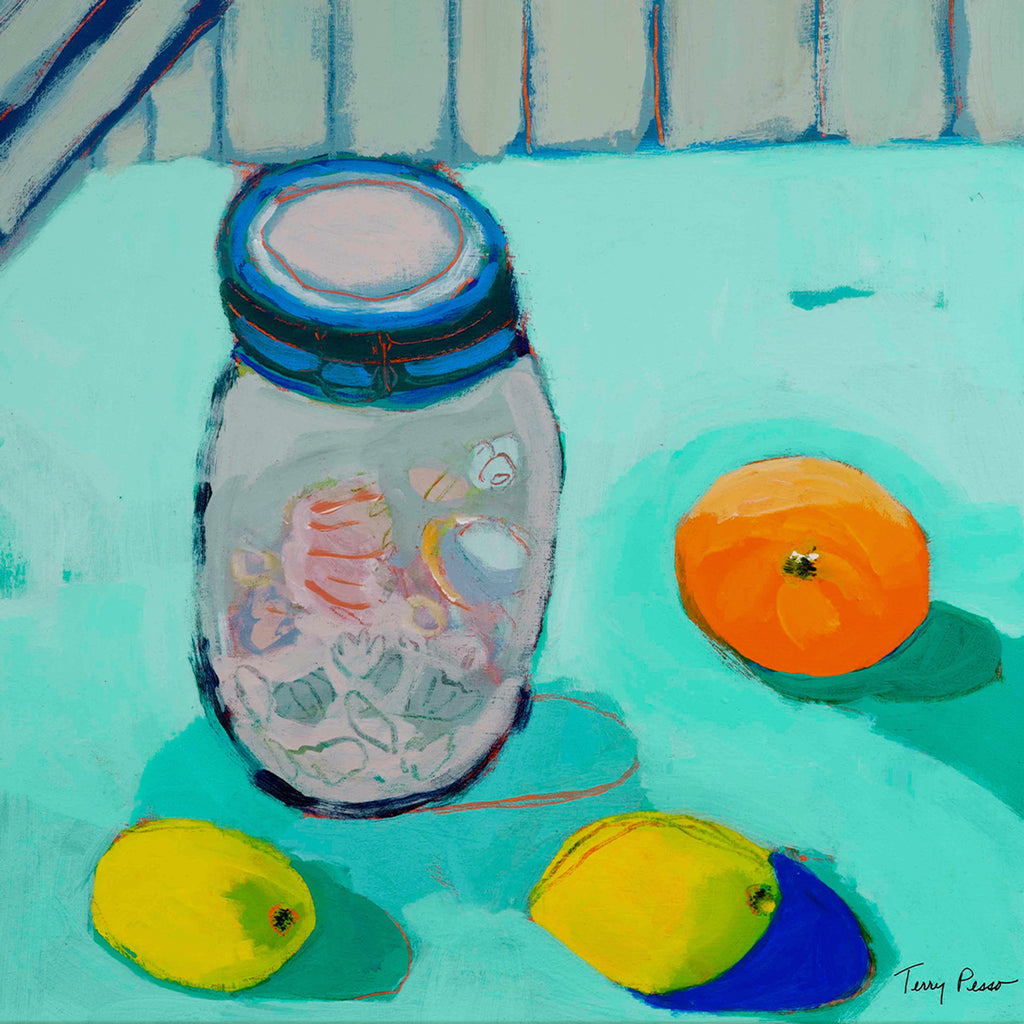 Painting of a jar with seashells, an orange, and lemons on a light blue background. An original still life artwork and contemporary painting by Terry Pesso inspired by everyday objects, vessels, and quiet moments. These expressive works elevate ordinary subjects into refined wall art decor and are suitable for framed art and framed wall art.