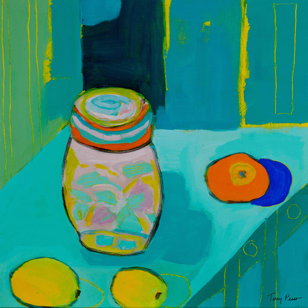 Colorful still life painting with a jar, lemons, and oranges on a blue surface. An original still life artwork and contemporary painting by Terry Pesso inspired by everyday objects, vessels, and quiet moments. These expressive works elevate ordinary subjects into refined wall art decor and are suitable for framed art and framed wall art.