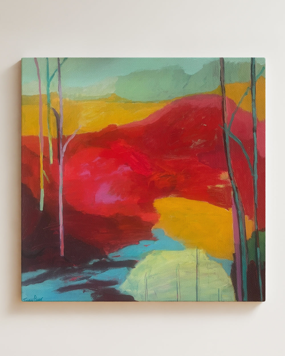 Abstract painting with vibrant colors on a white wall on canvas. Full view. Shop original landscape artwork and contemporary painting by Terry Pesso that blends abstraction, memory, and natural rhythm. These expressive works use layered color and motion to create dramatic wall art decor and are ideal for framed art and framed wall art presentation.
