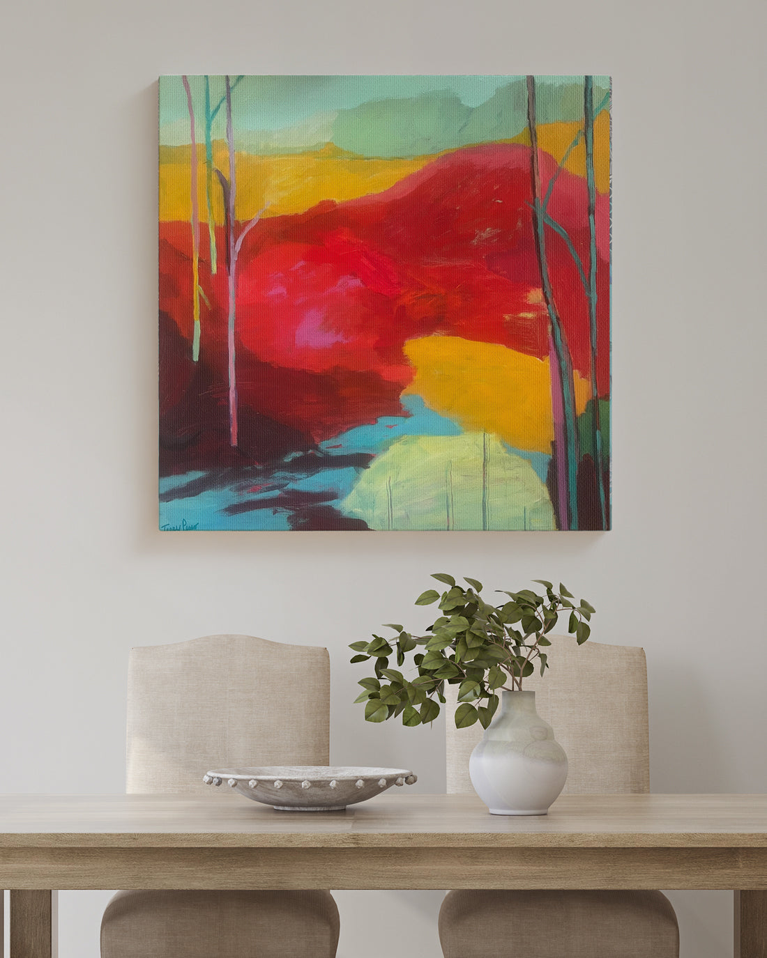 Colorful abstract painting on a wall above a dining table with decor items on canvas. Lifestyle mockup view. Shop original landscape artwork and contemporary painting by Terry Pesso that blends abstraction, memory, and natural rhythm. These expressive works use layered color and motion to create dramatic wall art decor and are ideal for framed art and framed wall art presentation.