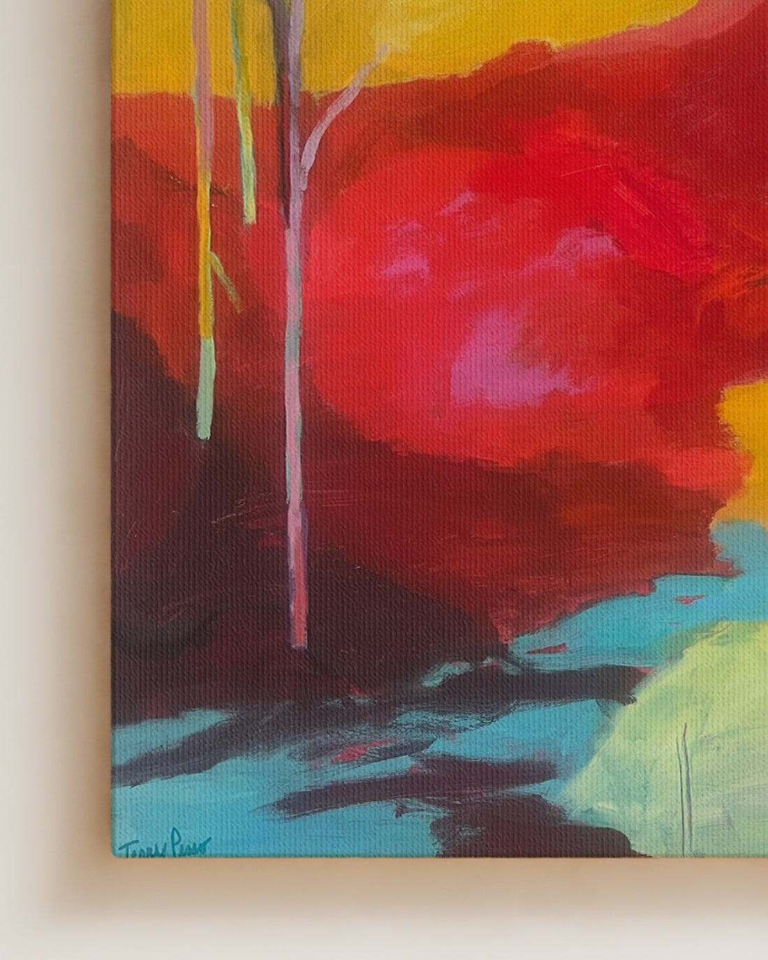 Abstract painting with vibrant colors and a tree silhouette on canvas. Detail close up view. Shop original landscape artwork and contemporary painting by Terry Pesso that blends abstraction, memory, and natural rhythm. These expressive works use layered color and motion to create dramatic wall art decor and are ideal for framed art and framed wall art presentation.