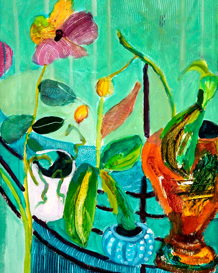 Colorful painting of flowers and vases on a teal background on watercolor paper. An original still life artwork and contemporary painting by Terry Pesso inspired by everyday objects, vessels, and quiet moments. These expressive works elevate ordinary subjects into refined wall art decor and are suitable for framed art and framed wall art.