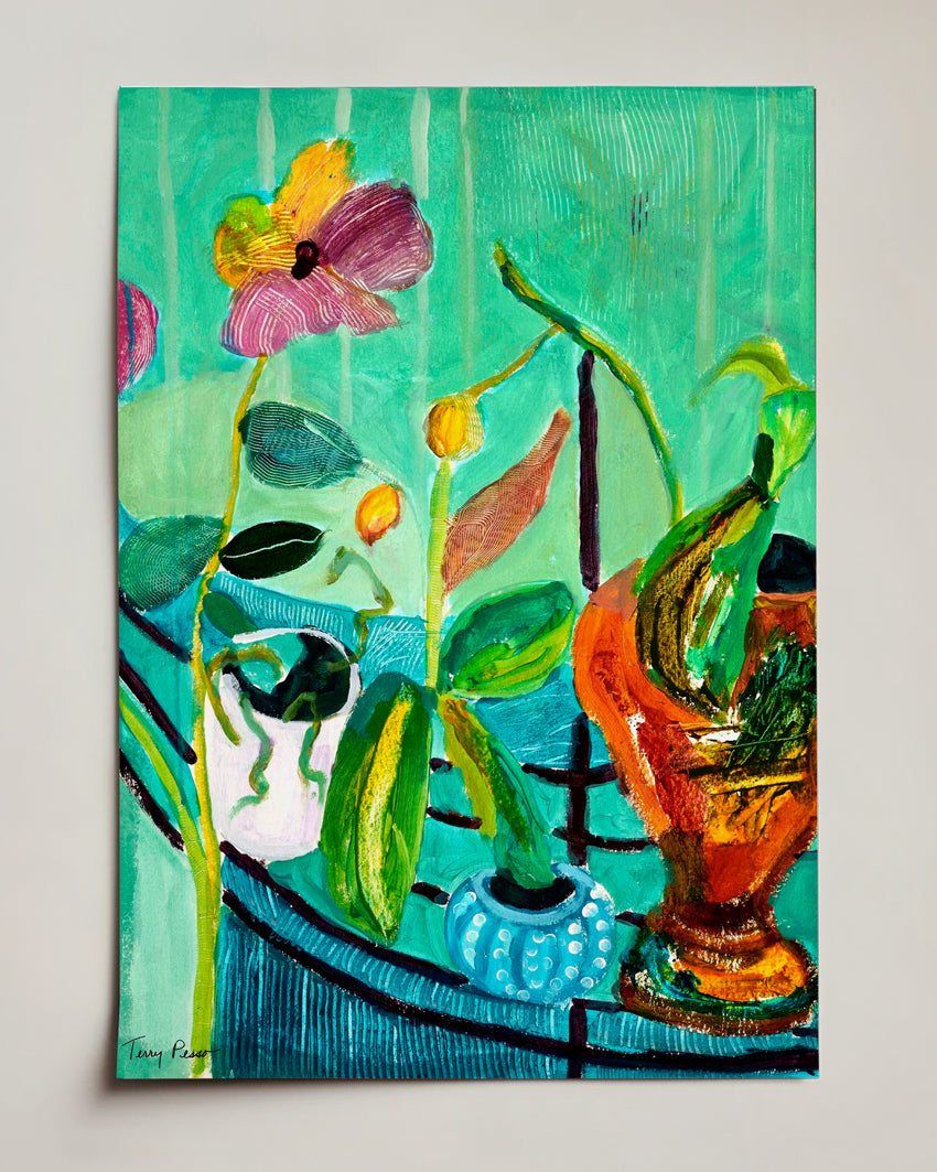 Colorful painting of flowers and vases on a teal background on watercolor paper. Full view. An original still life artwork and contemporary painting by Terry Pesso inspired by everyday objects, vessels, and quiet moments. These expressive works elevate ordinary subjects into refined wall art decor and are suitable for framed art and framed wall art.