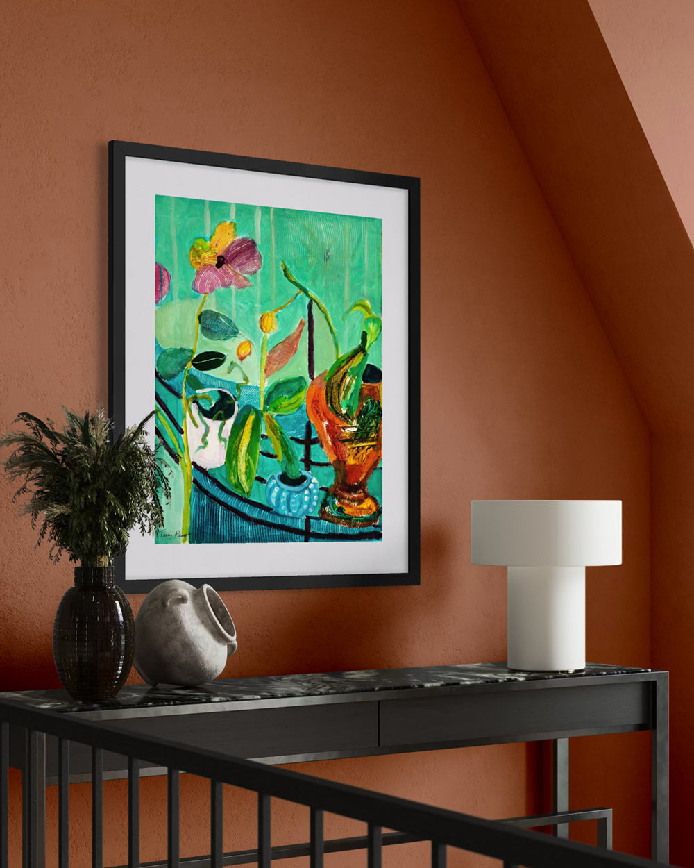 Framed abstract painting on an orange wall above a console table with decorative items lifestyle mockup. An original still life artwork and contemporary painting by Terry Pesso inspired by everyday objects, vessels, and quiet moments. These expressive works elevate ordinary subjects into refined wall art decor and are suitable for framed art and framed wall art.
