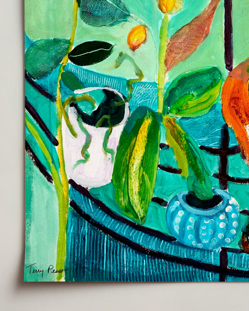 Colorful abstract painting with plants and geometric shapes on a light gray background on watercolor paper. Detail close up view. An original still life artwork and contemporary painting by Terry Pesso inspired by everyday objects, vessels, and quiet moments. These expressive works elevate ordinary subjects into refined wall art decor and are suitable for framed art and framed wall art.