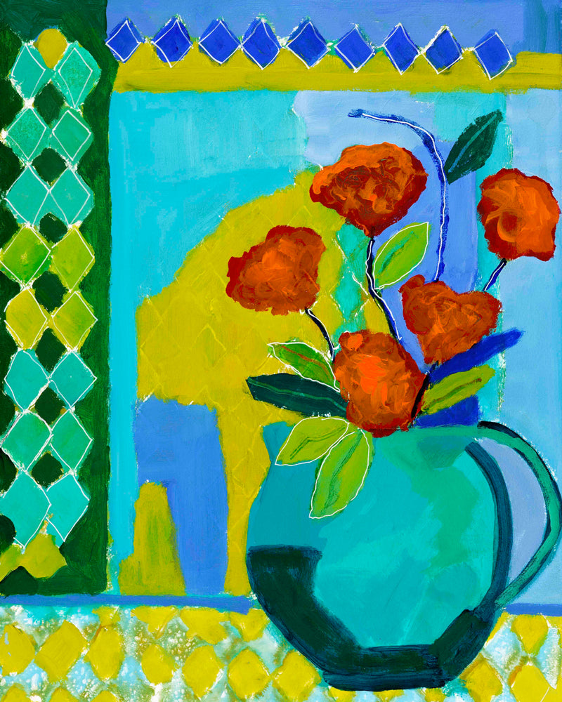 Colorful painting of a turquoise pitcher with orange flowers against a patterned background on watercolor paper. An original still life artwork and contemporary painting by Terry Pesso inspired by everyday objects, vessels, and quiet moments. These expressive works elevate ordinary subjects into refined wall art decor and are suitable for framed art and framed wall art.