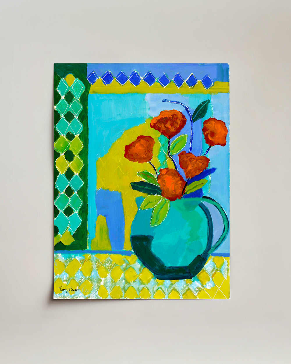 Painting of a blue pitcher with orange flowers on a decorative background on water color paper. Full view. An original still life artwork and contemporary painting by Terry Pesso inspired by everyday objects, vessels, and quiet moments. These expressive works elevate ordinary subjects into refined wall art decor and are suitable for framed art and framed wall art.