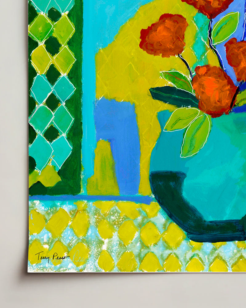 Colorful abstract painting with a vase of flowers and geometric patterns on watercolor paper. Detail close up view. An original still life artwork and contemporary painting by Terry Pesso inspired by everyday objects, vessels, and quiet moments. These expressive works elevate ordinary subjects into refined wall art decor and are suitable for framed art and framed wall art.