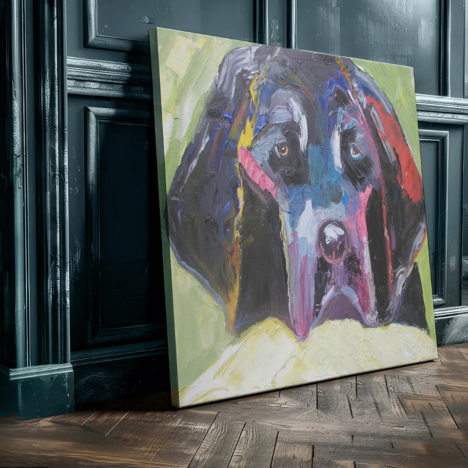 Colorful painting of a dog's face on a wooden floor with dark paneling. Original dog artwork and contemporary dog painting by Terry Pesso created in mixed media. Designed for wall art decor and suitable for framed art and framed wall art for collectors.