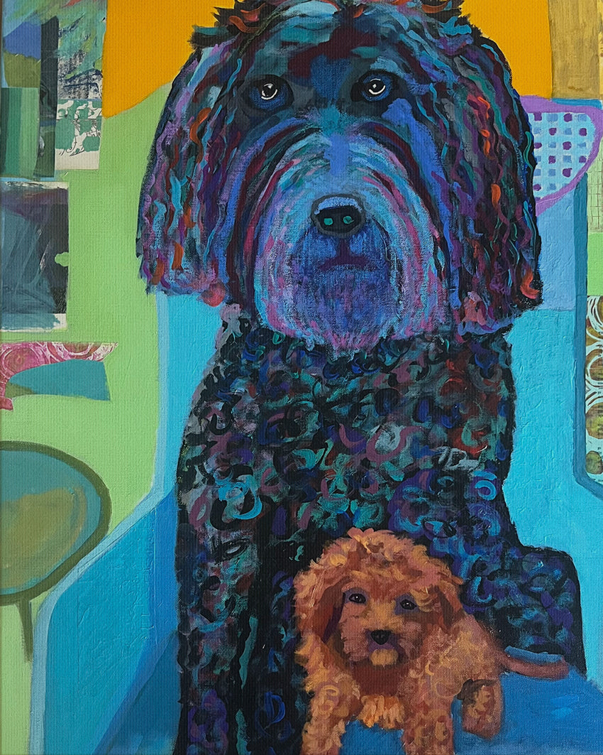 Colorful painting of a dog sitting with a smaller dog on a blue couch. Thumbnail view. "I'm Not Sharing" is an original mixed media painting featuring two dogs Ñ a large Labradoodle and a playful Toy Poodle — captured in expressive color and texture. Bold strokes of turquoise, indigo, and orange create a lively, layered portrait full of personality. The piece blends humor and affection, celebrating the charm, curiosity, and loyal companionship of dogs in everyday life. A joyful original artwork for dog love