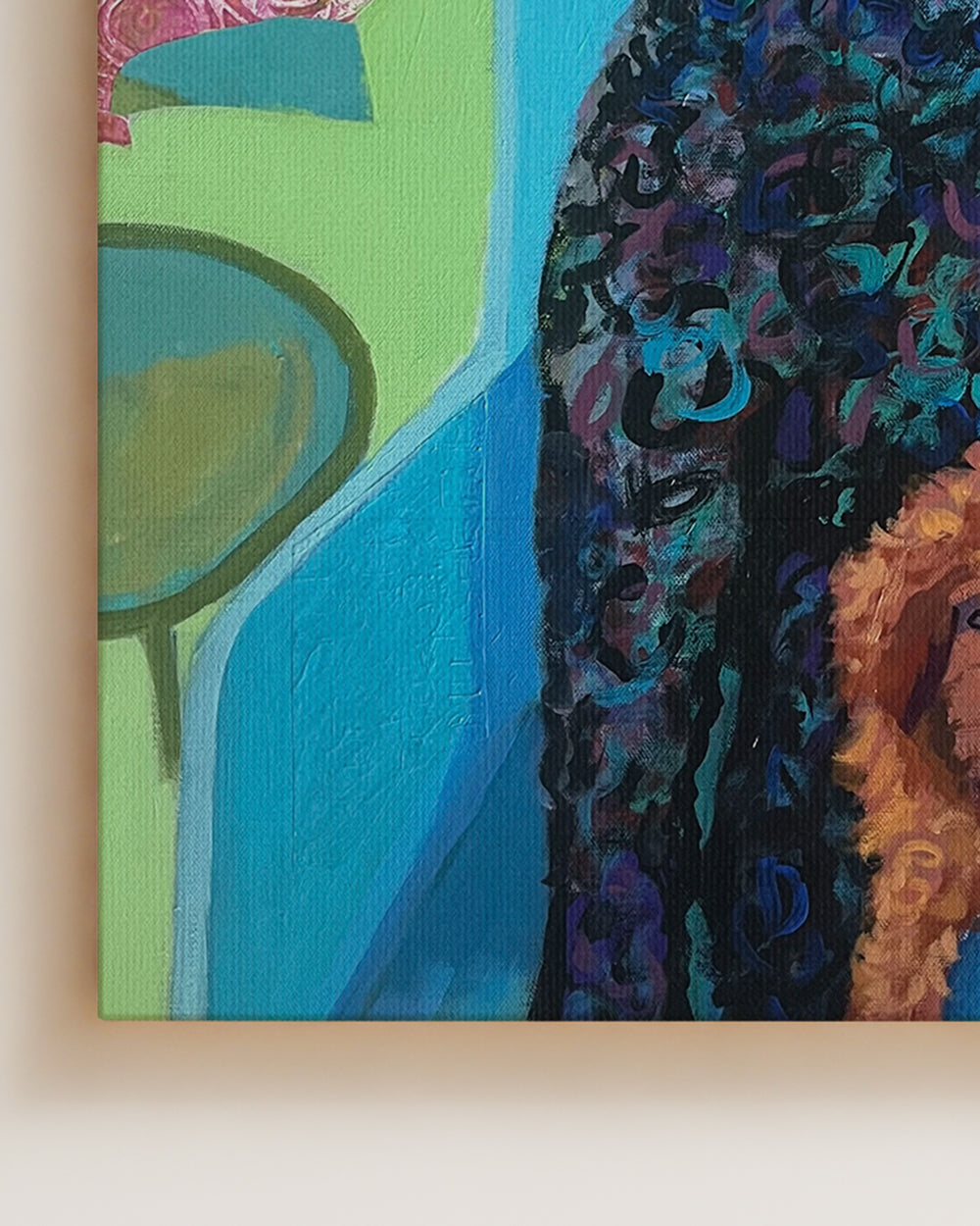 Abstract painting with colorful shapes and patterns on a beige background. Detail close-up shot. "I'm Not Sharing" is an original mixed media painting featuring two dogs Ñ a large Labradoodle and a playful Toy Poodle — captured in expressive color and texture. Bold strokes of turquoise, indigo, and orange create a lively, layered portrait full of personality. The piece blends humor and affection, celebrating the charm, curiosity, and loyal companionship of dogs in everyday life. A joyful original artwork fo