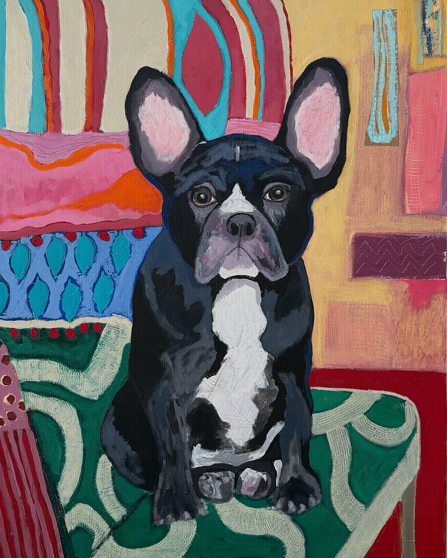 Painting of a black and white dog sitting on a colorful abstract background. Thumbnail view. "I'm Waiting for You" is an original mixed media painting that captures the unmistakable charm of a French Bulldog. Set against a vibrant patterned backdrop of coral, teal, and gold, this piece radiates warmth and personality. The expressive face and upright ears bring the dogÕs character to life, while the bold use of color and texture adds a modern twist. A playful yet heartfelt dog artwork that brightens any home