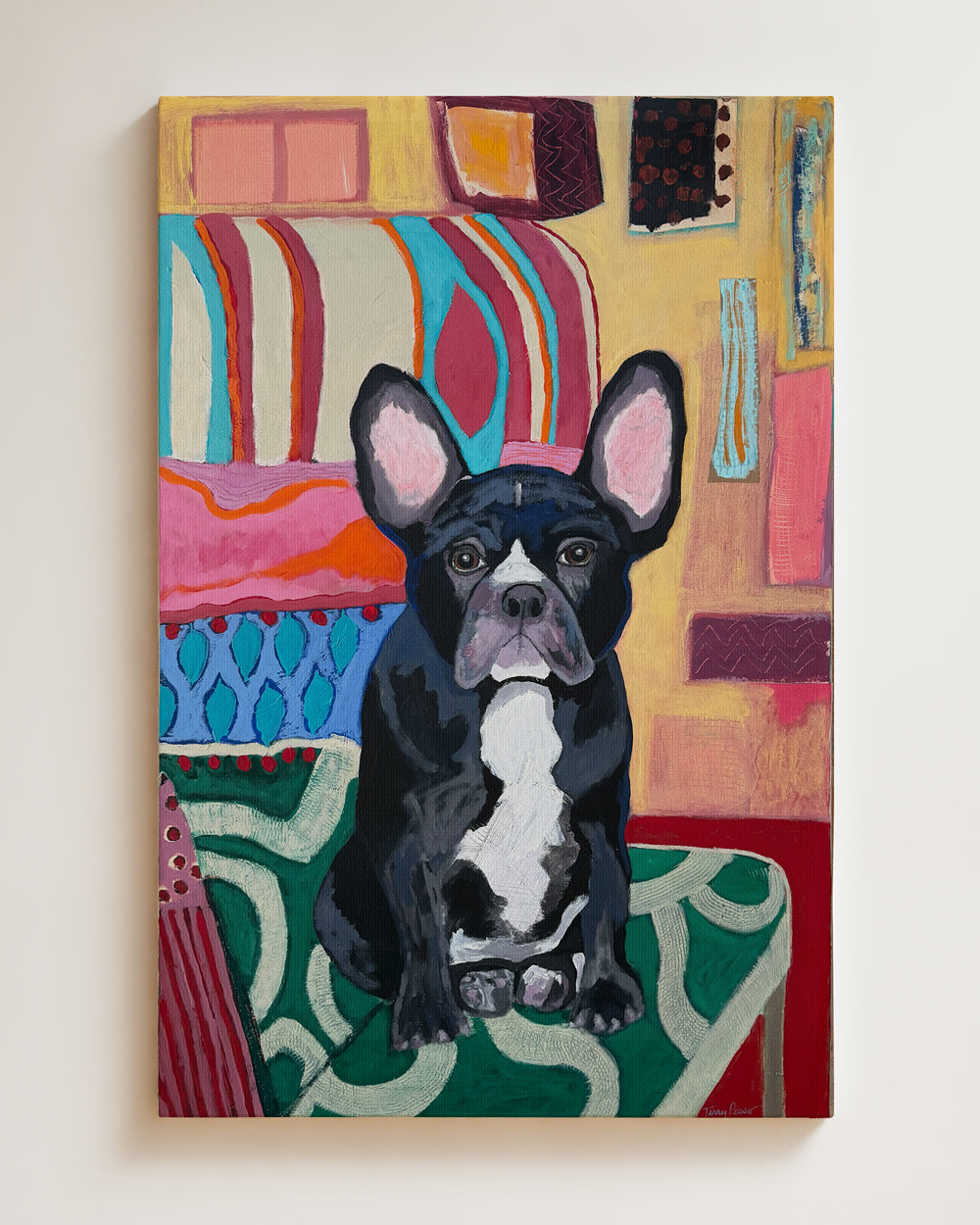 Painting of a black and white dog on a colorful abstract background. Full view, hanging on wall. "I'm Waiting for You" is an original mixed media painting that captures the unmistakable charm of a French Bulldog. Set against a vibrant patterned backdrop of coral, teal, and gold, this piece radiates warmth and personality. The expressive face and upright ears bring the dogÕs character to life, while the bold use of color and texture adds a modern twist. A playful yet heartfelt dog artwork that brightens any 