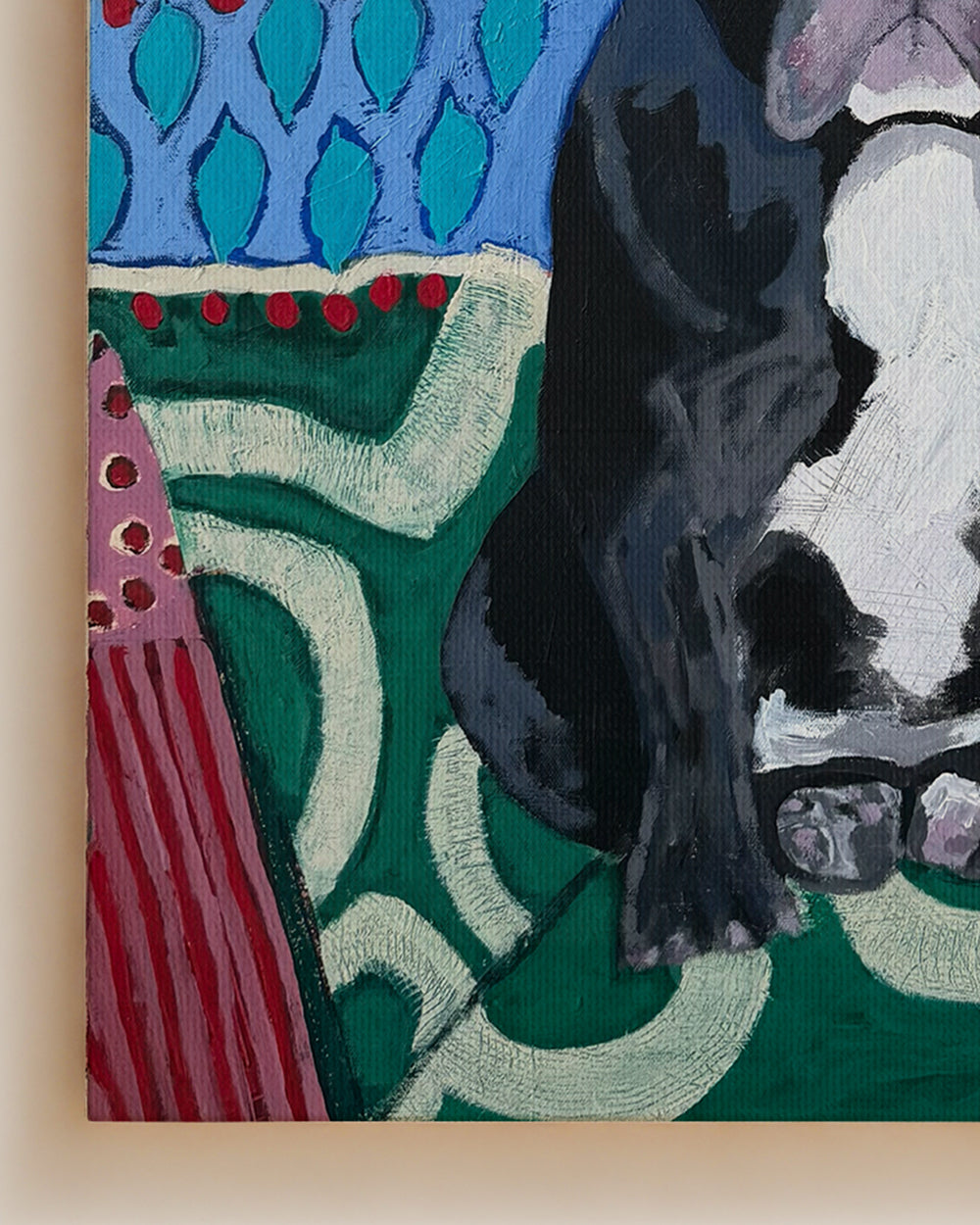 Close-up of a colorful abstract painting with a dog and geometric patterns. Detail view. "I'm Waiting for You" is an original mixed media painting that captures the unmistakable charm of a French Bulldog. Set against a vibrant patterned backdrop of coral, teal, and gold, this piece radiates warmth and personality. The expressive face and upright ears bring the dogÕs character to life, while the bold use of color and texture adds a modern twist. A playful yet heartfelt dog artwork that brightens any home or 