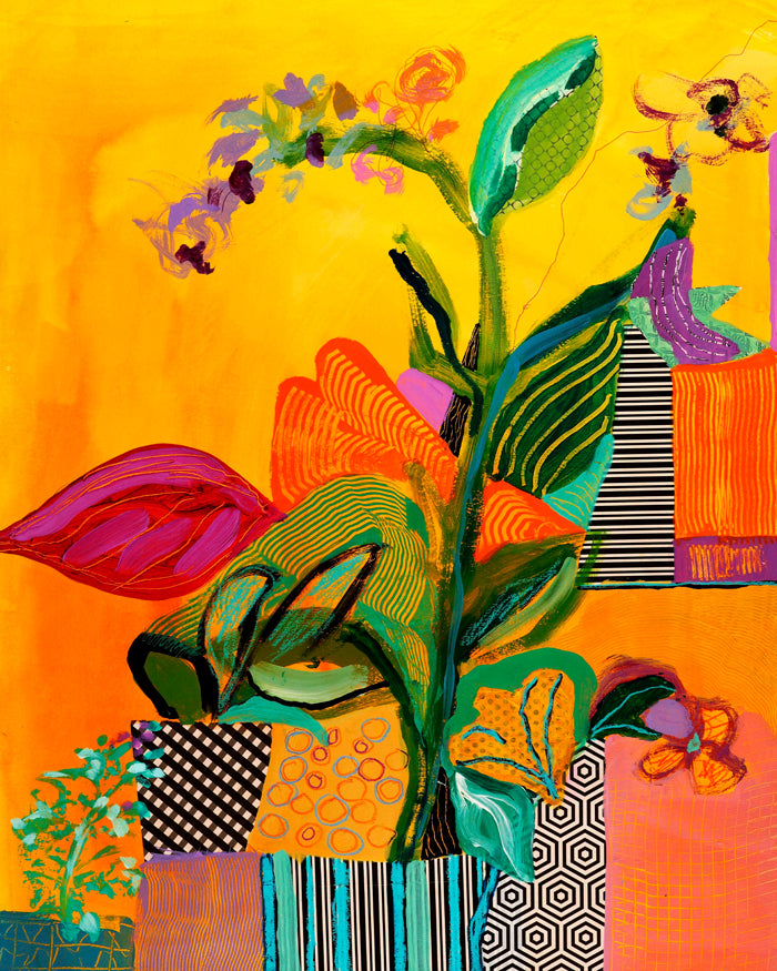 Colorful abstract painting with flowers and geometric patterns on a yellow background on mixed media paper. Shop original floral and botanical artwork and contemporary painting by Terry Pesso inspired by blooms, leaves, and organic form. These vibrant mixed media paintings bring fresh energy to wall art decor and are ready for framed art and framed wall art display.