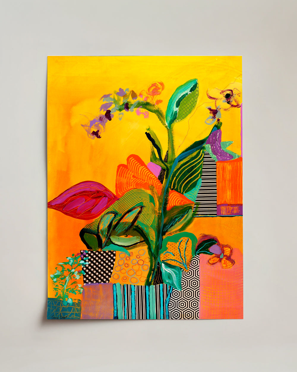 Colorful abstract painting on mixed media paper with flowers and geometric patterns on a yellow background. Full view. Shop original floral and botanical artwork and contemporary painting by Terry Pesso inspired by blooms, leaves, and organic form. These vibrant mixed media paintings bring fresh energy to wall art decor and are ready for framed art and framed wall art display.